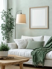 Minimalist Scandinavian Interior Design with Cozy Sofa Natural Lighting and Framed Artwork