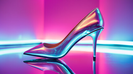 Shiny high heel shoe reflecting on a colorful surface with neon lights