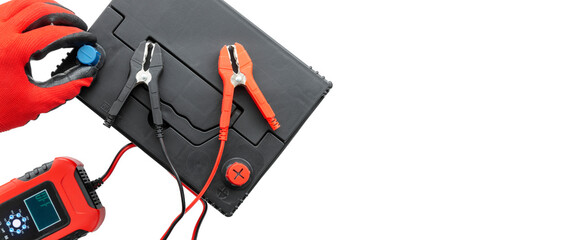 Positive terminal and negative terminal of booster cables with car battery charging on AGM battery....