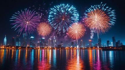 Fototapeta premium City skyline glows beneath vibrant fireworks over water reflections at night