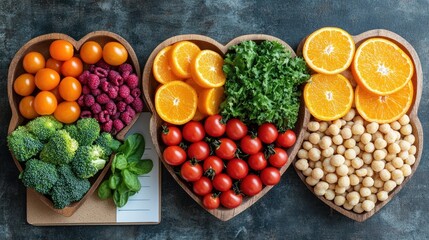 Healthy Food for Diabetes Management and Cholesterol Control with Fresh Fruits and Vegetables in Heart Bowl and Blood Sugar Monitoring Tools