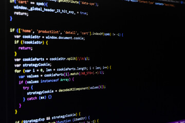 Software source code. Programming code. Programming code on computer screen. Developer working on...