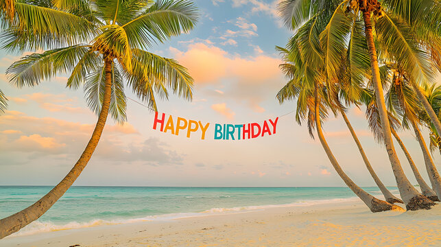 Happy birthday sign hanging between palm trees on tropical beach at sunset