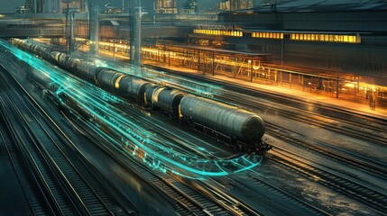 Industrial train with digital overlay at night