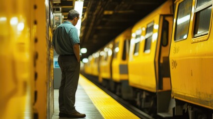 Man Waiting at Subway Station Platform with Approaching Train