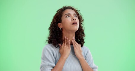Woman, sore and ill throat on green screen, covid symptoms and feeling discomfort of new variant in studio. Health risk, pain and wellness or tuberculosis, virus and inflammation or allergy reaction