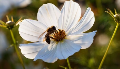 Obraz premium close up of a bee on white cosmos flower