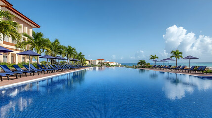 Obraz premium Infinity pool, tropical resort, ocean view, relaxation