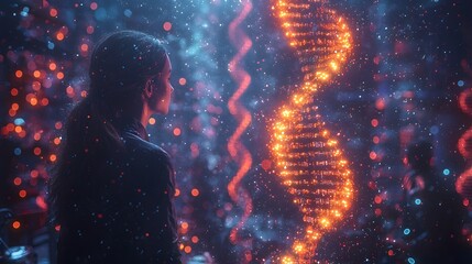 Glowing holographic DNA strand in a futuristic tech lab