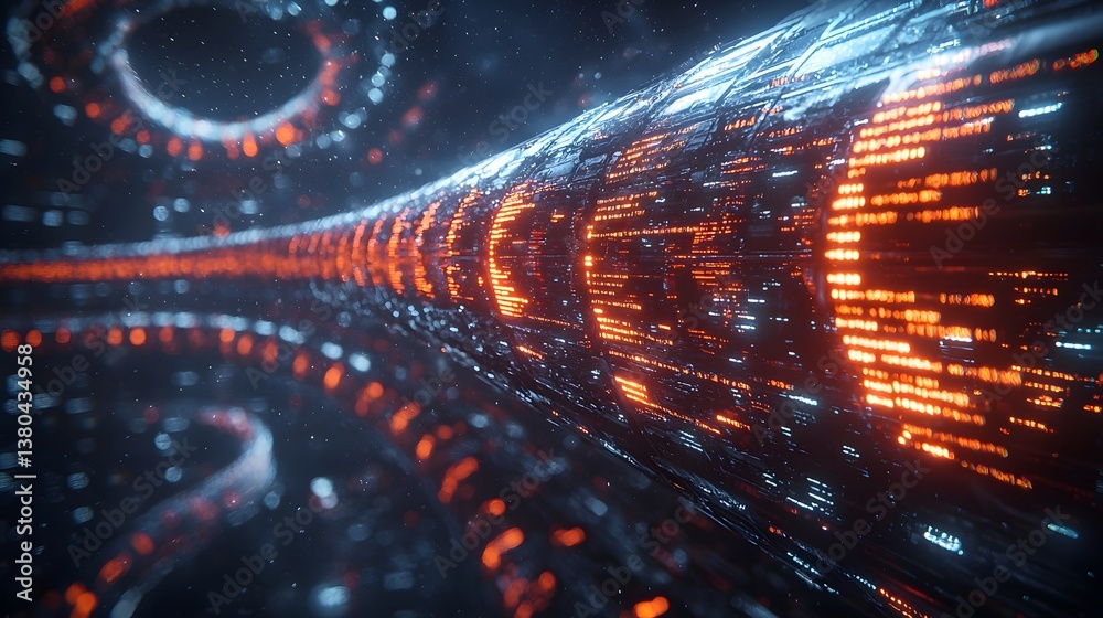 Sticker data packets traveling along a glowing dna helix in a high tech environment
