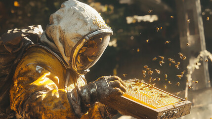 Beekeeper inspecting honeycomb frame with calm concentration