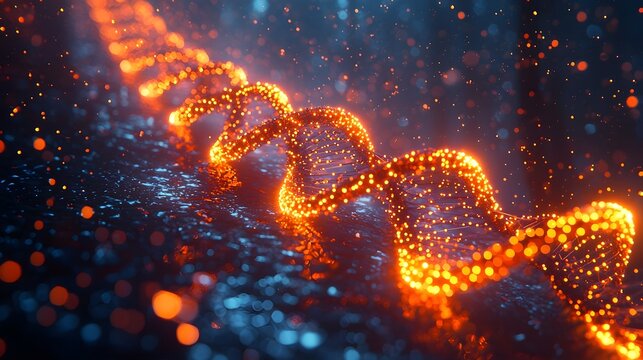 Glowing data particles traveling along a DNA helix