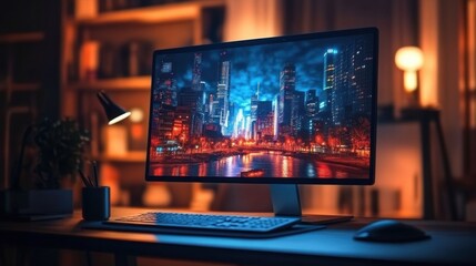 Modern Nighttime Workspace with Cityscape Computer Screen and Stylish Desk Lamp