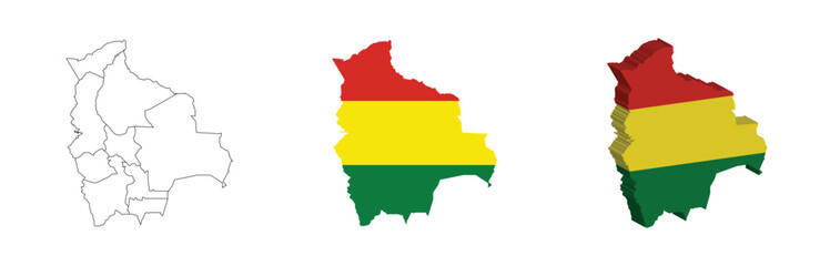 Fototapeta premium Bolivia outline, fill with flag and 3d map