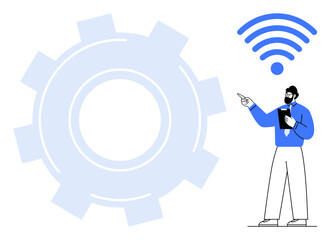 Professional gesturing at giant gear icon with nearby wireless signal, symbolizing technology, innovation, connectivity. Ideal for teamwork, presentation, tech solutions, strategy, communication