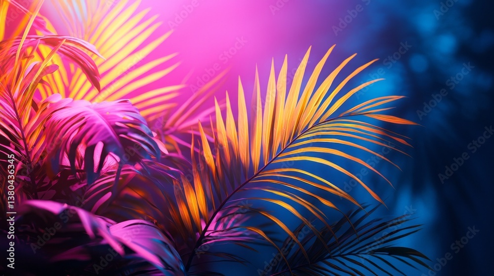Poster illuminated by radiant lights, lush tropical leaves create a captivating display in a mystical envir