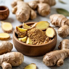 Ginger Root and Powder in Wooden Bowl on Tabletop Close Up Still Life