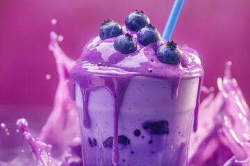 A vibrant blueberry smoothie with a blue straw and purple splash against a pink background scene