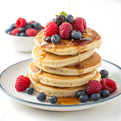 Fluffy Pancakes with Fresh Berries and Syrup