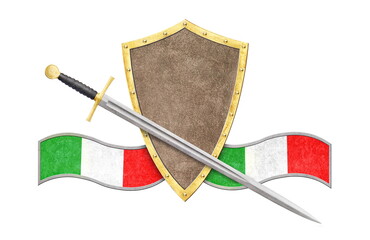 golden sword and shield with italian flag isolated on white