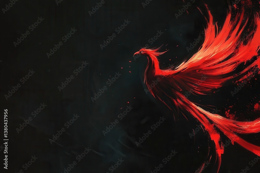 Poster fiery phoenix rising from ashes digital illustration with red flames on dark background for abstract