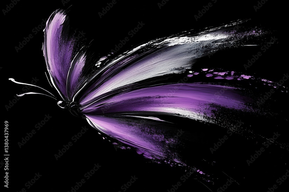 Poster dramatic purple and white butterfly with intricate wing patterns on a clean black backdrop expressiv