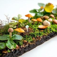 Hyperrealistic miniature forest floor with small AI soil sensor embedded among leaves and fungi, tracking nutrients and temperature, nature focused setup