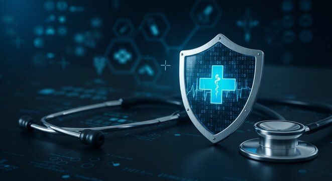 Digital Healthcare Security: Cyber Protection Shield with Stethoscope and Medical Data on Futuristic Interface