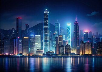 Naklejka premium Minimalist Hong Kong Night Skyline - Vibrant City Lightscape