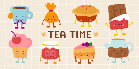 Tea time characters collection. Cartoon cute dessert characters set.