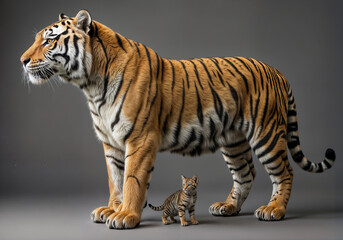 Obraz premium Majestic Tiger and Tiny Kitten Showcase Striking Size Difference