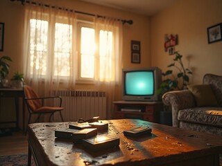 Fototapeta premium 1990s living room with a boxy TV in the corner, morning light pouring through curtains, VHS tapes scattered on the coffee table. Vintage, warm color grading, 24mm wide-angle lens, 