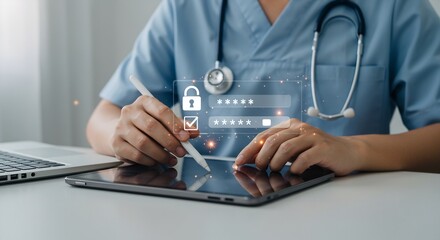 Female Doctor Using Digital Tablet for Secure Patient Data Access, Healthcare Cybersecurity and Privacy Concept