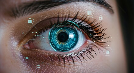 Futuristic Iris Scan: Close-up of a Woman's Eye with Biometric Authentication Technology Overlay