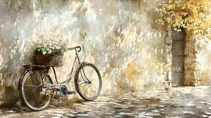 Fototapeta premium Watercolor Scene of Vintage Bicycle with Wildflowers