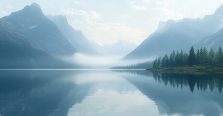 Mist Covered Serene Mountain Landscape Reflecting on Tranquil Lake in Banff National Park Alberta Canada