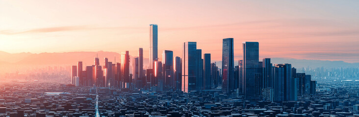 Fototapeta premium stunning city skyline at sunset, showcasing modern skyscrapers and urban architecture