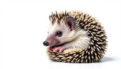 Obraz premium Tiny hedgehog, curled in a ball, isolated on pure white background, photo, pet, animal