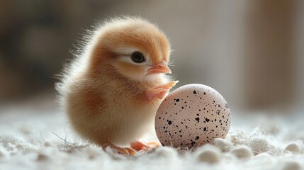 Fluffy Chick Gently Investigates a Beautifully Speckled Egg on Soft Textile Surface