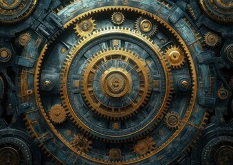 Obraz premium Intricate Steampunk Gears and Cogs with Chiaroscuro Effect and Radial Symmetry
