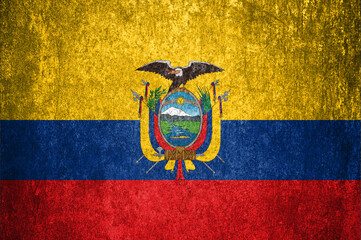 Ecuador state flag on a metal surface. Dirty grunge Ecuador flag.