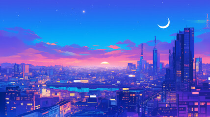 Obraz premium 未来都市の夜景と美しい星空が広がるイラスト素材｜高層ビルと三日月が幻想的に輝くSF風シティスケープ｜ネオンと都市のシルエットが融合したデジタルアート背景