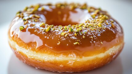 Close-up of a Caramel-Glazed Donut with Crushed Pistachio Topping