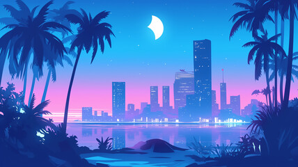 Obraz premium 未来都市の夜景と美しい星空が広がるイラスト素材｜高層ビルと三日月が幻想的に輝くSF風シティスケープ｜ネオンと都市のシルエットが融合したデジタルアート背景