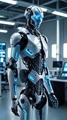 Futuristic humanoid robot in a modern tech lab setting, showcasing advanced mechanics and artificial intelligence.