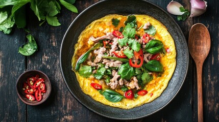 A traditional Thai minced pork omelette resting on a dark rustic wooden background.