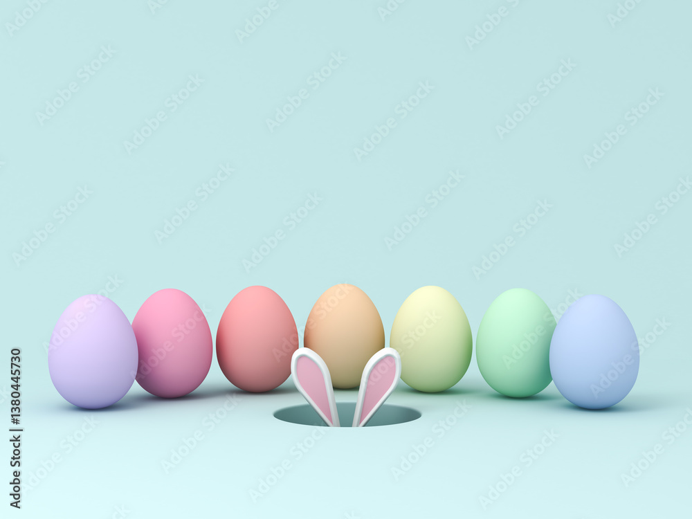 Aufkleber Rabbit or bunny hiding in the hole surrounded by colorful Easter eggs on light blue green pastel color background with shadows and blank space above minimal easter day concept 3D rendering