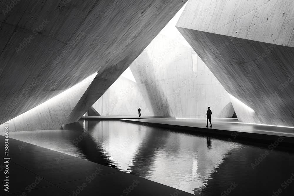 Poster Abstract Architectural Interior with Water Reflection Geometric Forms and Minimalist Design in Monochrome Tones Featuring Natural Daylight and Concrete Texture with Figures Standing