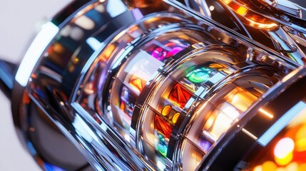 Close-up of a shiny slot machine with spinning reels.