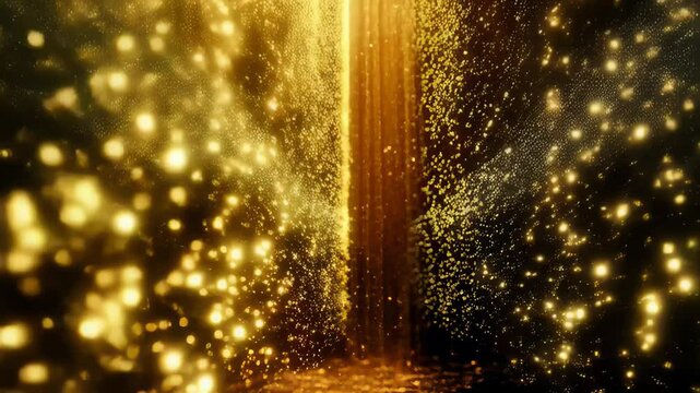 golden lights in the night,. Golden light streams elegantly cascade down, illuminating the dark background with a mesmerizing glow. The interplay of light creates a magical atmosphere, perfect for rel